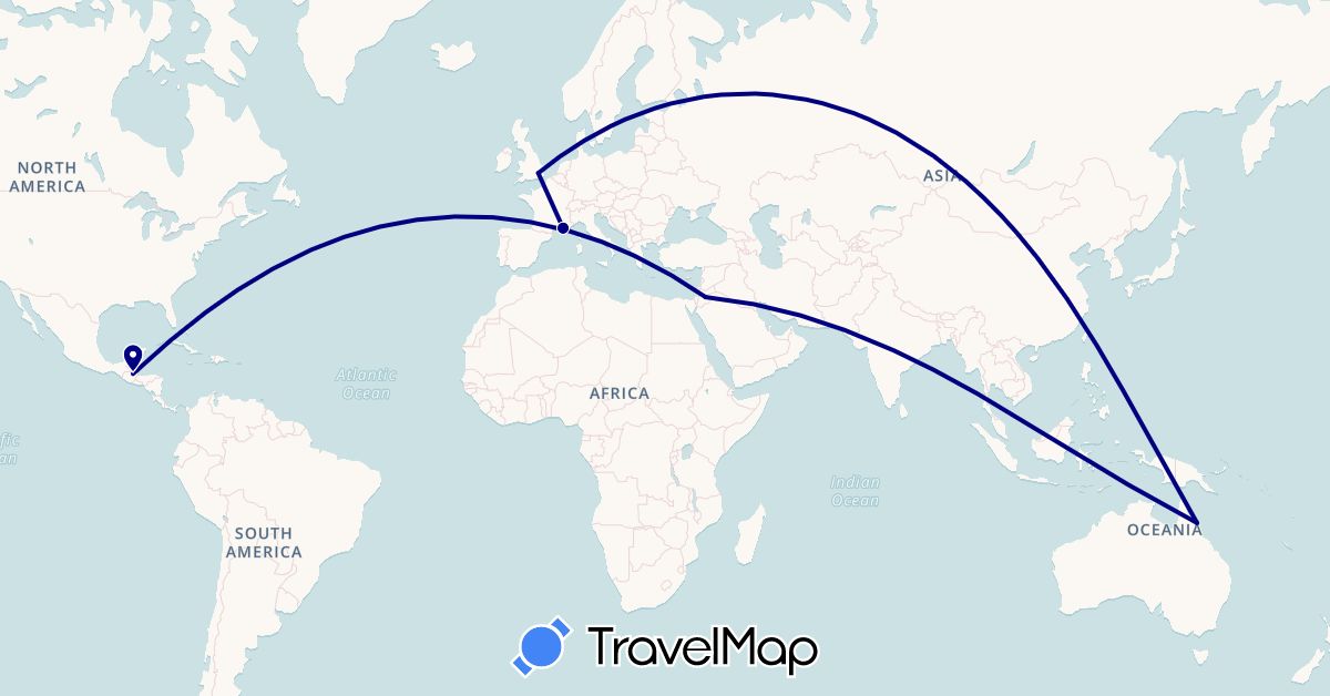 TravelMap itinerary: driving in Australia, France, United Kingdom, Guatemala, Jordan (Asia, Europe, North America, Oceania)
